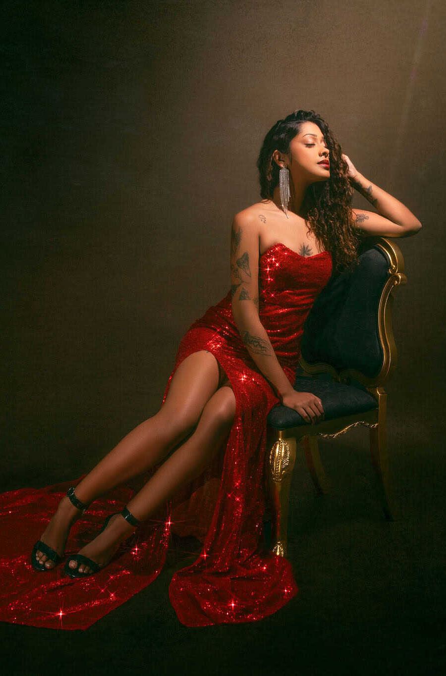 Classic studio boudoir portrait in a red sequin gown, Gainesville boudoir photographer