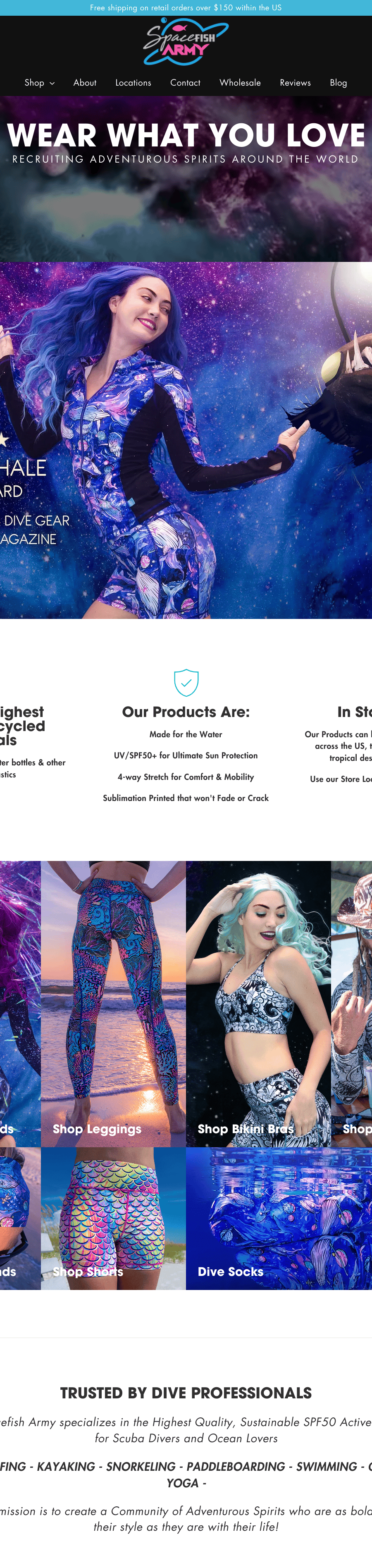 Screenshot of the Spacefish Army website showing underwater models wearing brand apparel.