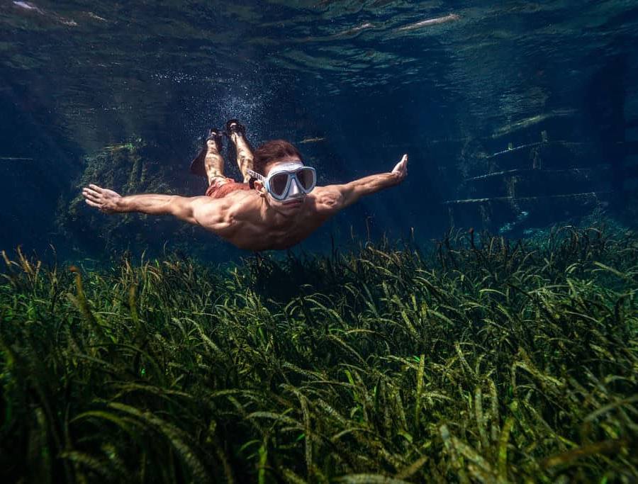 A freediver descends above the eel grasses in Blue Hole at Ichetucknee Springs State Park.