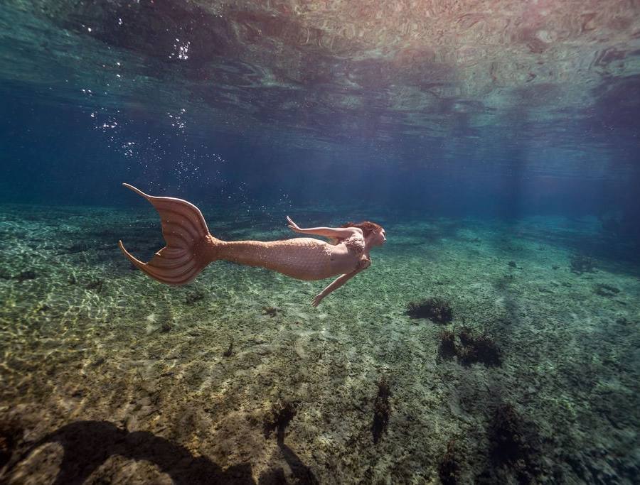 A mermaid swimming underwater in a spring basin at Royal Springs, Suwannee County, Florida.
