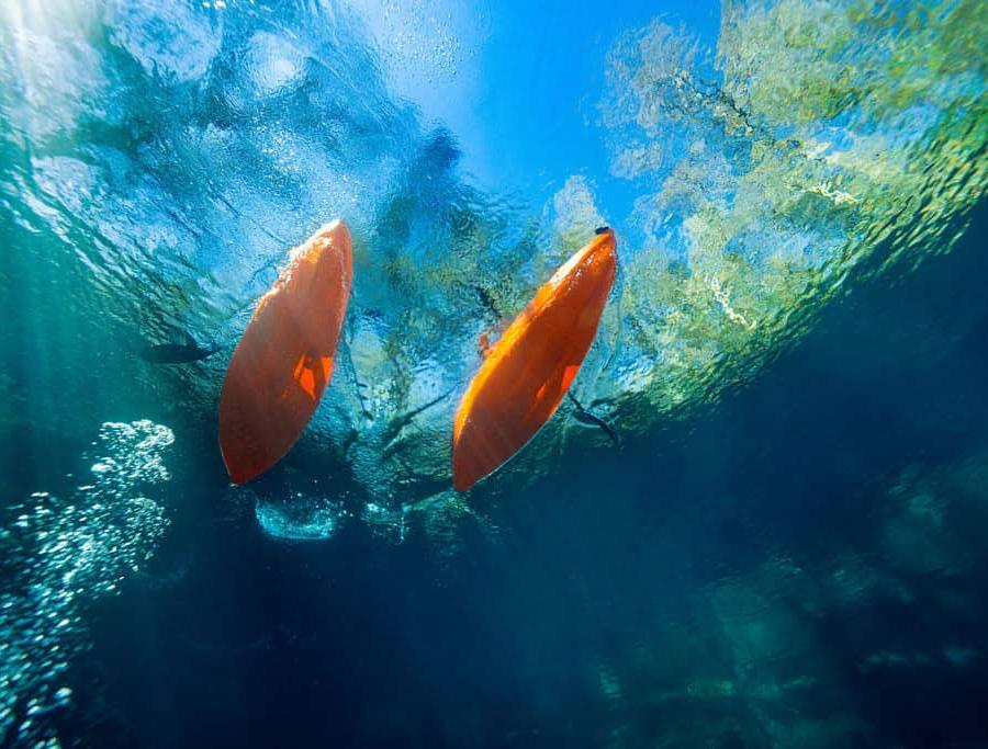 An underwater photo of two kayaks at a local Florida Spring.